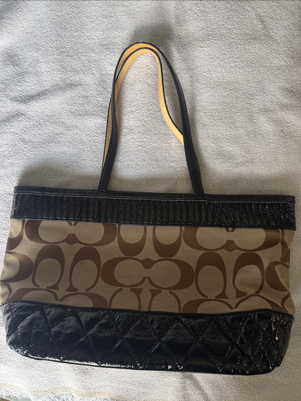 Coach Brown Signature Canvas Tote with Black Patent Trim
